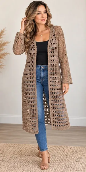 Tunnel Vision Women's XXL Crochet Duster Open Cardigan Taupe Boho Long Sleeve thumbnail 1