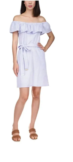 Michael Kors Women's Blue/White Striped Off Shoulder Ruffled Dress S NWT thumbnail 1
