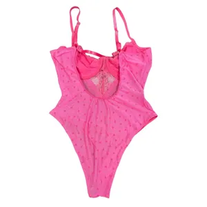 Pink Lace Teddy Bodysuit Womens Large Heart Print Sheer Mesh Underwire Lingerie thumbnail 8