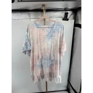 Surf Gypsy Eyelet Tie Dye Tassel Beach Dress Ruffle Flutter Sleeve M thumbnail 10