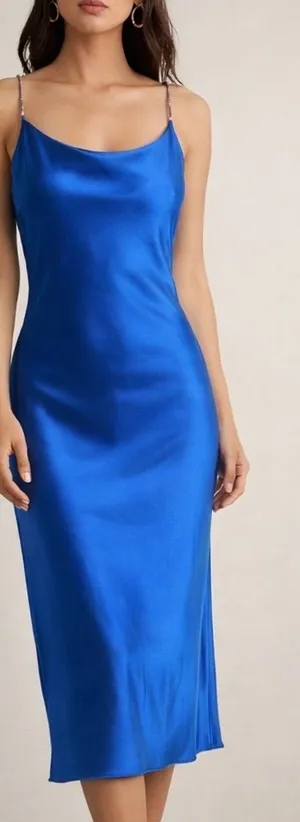 Satin Cobalt Blue Maxi Slip Dress with Chain Straps thumbnail 1