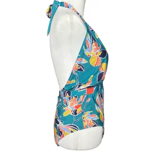 ModCloth Swimsuit Women’s Medium Teal Floral One Piece Bethany Halter Retro thumbnail 3