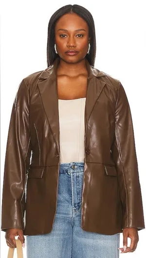 Remi x Revolve Chocolate Brown Vegan Leather Blazer Single Button Oversized Fit thumbnail 1