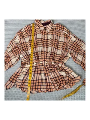 We The Free People Pacific Dawn Plaid Shirt Womens Medium Peach Ivory Boho Top thumbnail 9
