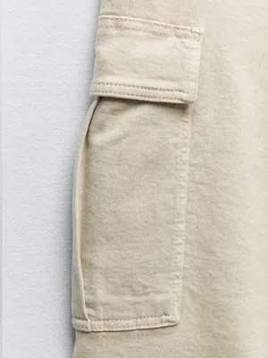 ZARA High Waisted Marine Cargo Jeans Raw Hem Khaki Beige Wide Leg Retro‎ Size 14 thumbnail 10