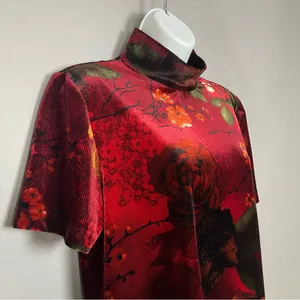 Vintage Floral Top Velvety Ribbed Short Sleeves Deep Red Mock Neck‎ Women Medium thumbnail 6