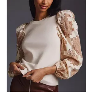 Anthropologie Dolan Lace Puff-Sleeve Top Sz S tan‎ thumbnail 2