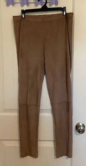 EUC Baccini women’s brown tan suede-like‎ soft stretchy elastic leggings pants L thumbnail 1