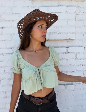 ZARA sage green tie front crop top sz XS #western #cowgirl #boho #summer thumbnail 1