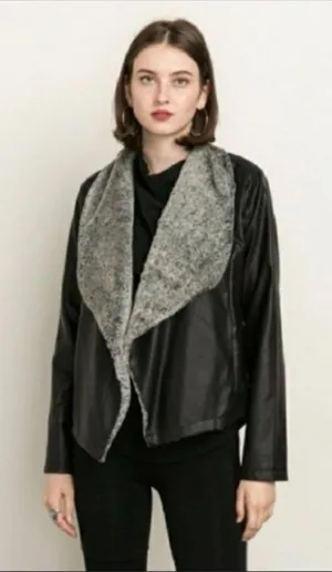 Mystree Pia Black Vegan Leather Jacket with Faux Fur Lined Lapel Women's Small thumbnail 1