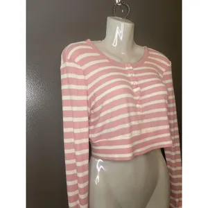 OFFLINE By Aerie Shirt Womens Medium Pink Stripe Henley Cropped Long Sleeve thumbnail 4