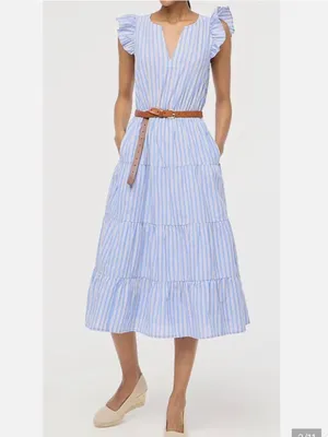 J. Crew V-Neck Cotton Ruffle Cap Sleeve Tiered Striped Midi Dress thumbnail 2