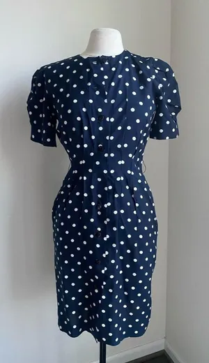 Vintage Polka Dot Navy Button-Front Dress Puff Sleeve Womens Sz 4 Petite thumbnail 1