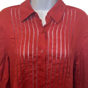 Rena Rowan Vintage Burgundy 100%‎ Linen Ladder Crochet Button Down Blouse Sz 14 thumbnail 3