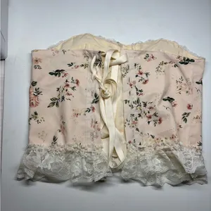 Cider Floral Lace Bustier Crop Top - Cream & Blush with ruffle lace thumbnail 4