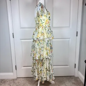 Lulus Yellow Floral Tiered Maxi Dress M Cottagecore Wedding Guest Chiffon NWT thumbnail 2