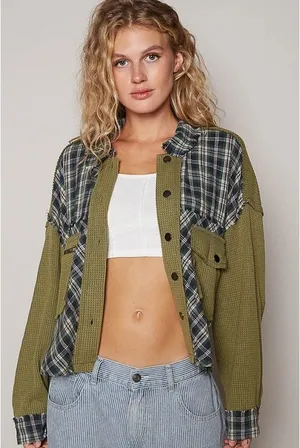 Pol Mixed Media Plaid Waffle Knit Shacket Olive Green Navy‎ Blue Oversized NEW thumbnail 1