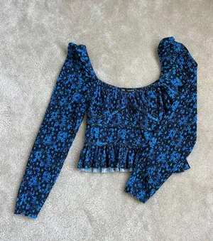 Cute Long Sleeve Top Blouse Blue Flowers thumbnail 5