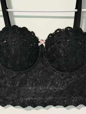 Windsor Black Lace Bustier Bralette w/Pink Bow thumbnail 2