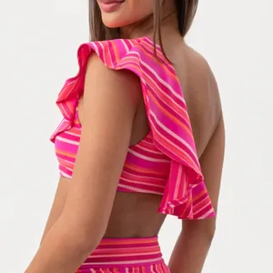 Trina Turk Marai Swim Top One Shoulder Ruffle Pink Striped Padded Beach US 4 NWT thumbnail 3