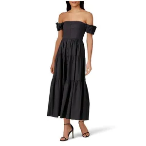 Staud Elio Dress Off The Shoulder Tiered Midi Faded Black Cotton WOMENS 6 thumbnail 9