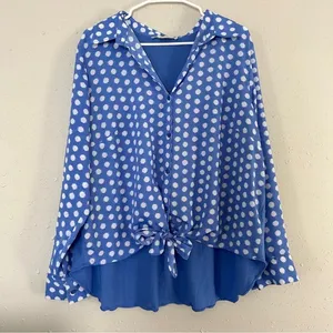 🦋 Michael Michael Kors Blue White Polka Dot Button Down Tie Blouse Casual thumbnail 1