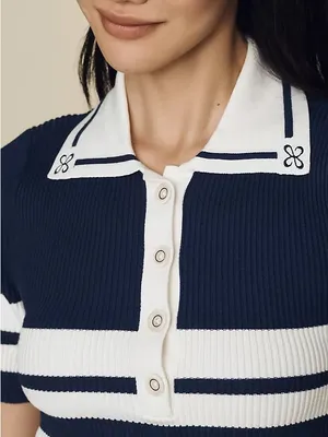 Anthropologie Maeve Collared Mini Sweater Dress Navy White Stripe thumbnail 3