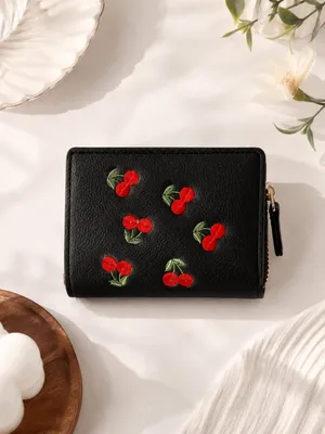 Black Cherry Embroidered Snap Wallet Zip Coin Pocket Retro NWT thumbnail 3