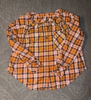 Free People Orange, Brown, and Pink Plaid Button-Down Shirt thumbnail 1