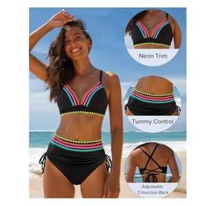 NWT Popvil Black/Neon Scallop Trim High Waisted Tie Side Bikini Set Large thumbnail 4