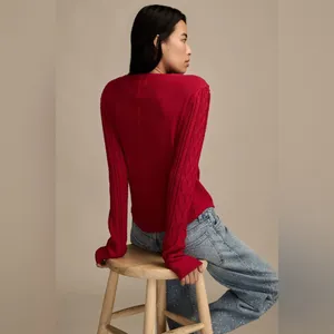 Lucky brand Textured Mixed cable knit Sleeve Henley cotton red M oversized boho​ thumbnail 13