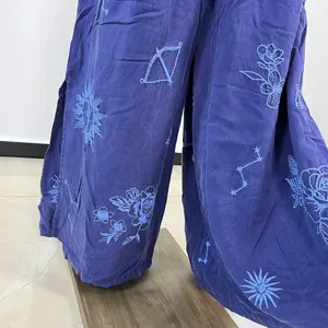 NWOT Johnny Was Wide Leg Embroidered Floral Pants Size L Blue Elastic waist thumbnail 9