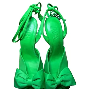 Zara Green Slingback High Heel Shoes With Bow‎ Sz 37 / 6.5 thumbnail 11