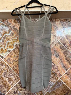 Bebe Dusty Olive Strappy Bandage Bodycon Mini Dress Mesh Cutout Sides Size XS thumbnail 2