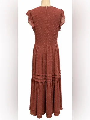 Bohme Swiss Dot Tiered Maxi Dress Rust Mauve Size Medium NWOT thumbnail 3