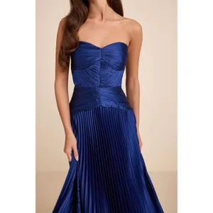 Lulus Elkay Navy Blue Pleated Satin Drop Waist Maxi Dress Formal Glam XS NWT thumbnail 2