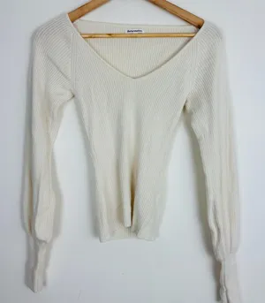 Reformation “Hart” cream colored ribbed v-neck cashmere sweater. Small. thumbnail 1