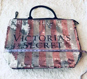 Victoria's Secret Limited Edition Pink & Silver Sequins Stripe Tote Bag Purse thumbnail 4