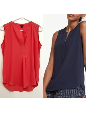 ANN TAYLOR Matte Jersey Shell Coral Split Neck Mixed Media Sleeveless Tank Top S thumbnail 2