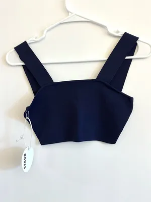 Staud Zola Knit Crop Top Navy Blue & White Embroidered Logo Size Small thumbnail 3