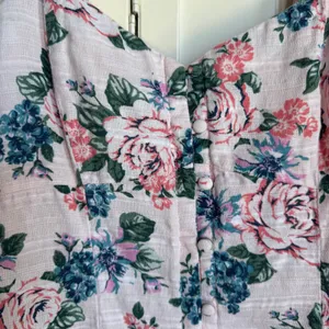 Forever 21 Pink Floral Button Up Dress‎ Size Small Roses Green Sundress Linen thumbnail 5