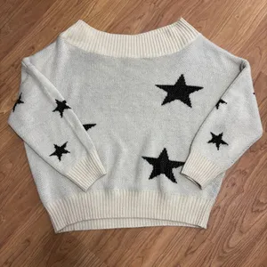 Star Sweater Cream Black Boat Neck Chunky Knit Celestial‎ Casual Cozy XL/2XL thumbnail 2
