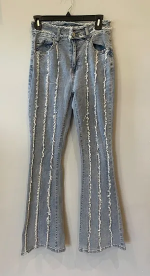 Women’s Light Blue Frayed Stripe Flared Jeans thumbnail 1