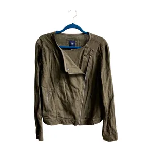Gap Linen Blend Moto Jacket Womens Large Olive‎ Green Utility Asymmetrical Zip thumbnail 2