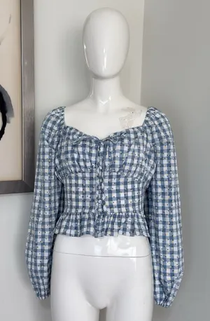 Rose & Grey Women’s M Gingham Peasant Crop Top Long Sleeve Cottagecore Floral thumbnail 1