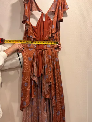 Anthropologie Ruffle-Sleeve Printed-Wrap Rust Midi Dress with Blue Floral Print thumbnail 7
