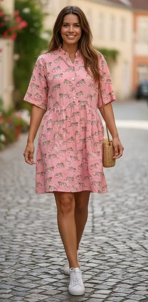 Little Tibet Boutique‎ cotton Pink Tiger Print Short Sleeve Sundress size s/m thumbnail 1
