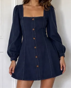 DArk Square Neck Navy Mini Dress. Zipper & Tie Back. Large thumbnail 1