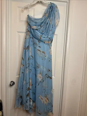 NWOT Fehaute blue floral chiffon one shoulder maxi dress sz 10 thumbnail 3