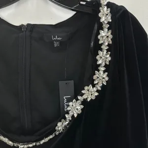 Lulus Ioanna Black Velvet Rhinestone Long Sleeve Mini Dress Party XL FLAW NWT thumbnail 7